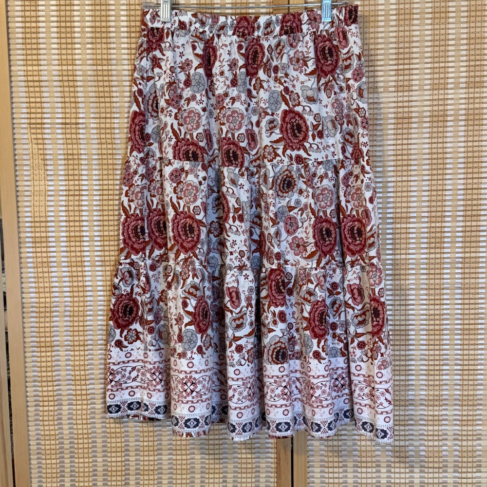 MEROKEETY Womens Floral Tiered Midi Skirt Boho Elastic Waist Rust‎ Cream Large